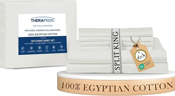 Recyclable Therapedic Egyptian Cotton Split King 7-Piece Sheet Set – Naturally Cooling amp Breathable Sateen Preshrunk Garment Wash 16 quot Deep Pocket Fitted Sheet Bonus Pillowcases Soft amp Durable – White Selected