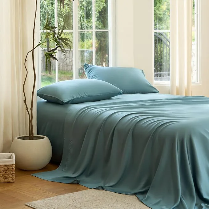 Relaxed DOZ Sheet Set Viscose derived from Bamboo Organically Grown Buttery Soft Cooling Sheets High GSM Deep Pockets – 4 Piece – 2 Pillowcases 1 Fitted 1 Top Sheet Teal Full Eco-Friendly