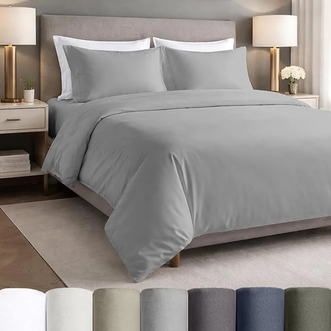 Natural California Design Den Egyptian Cotton Sheets Queen Size Bed Set – Queen Sheet Set Percale with Deep Pockets Lightweight Crisp Durable Luxury Bedding – Light Grey Consistent
