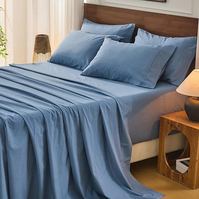 Original Design Bedlifes French Flax Linen Sheets Set California King Size-6 Piece Extra Deep Pocket 18-24 quot Soft Breathable Cal King Bed Sheets with Temperature Regulating amp Moisture-Wicking Flint Blue Quality