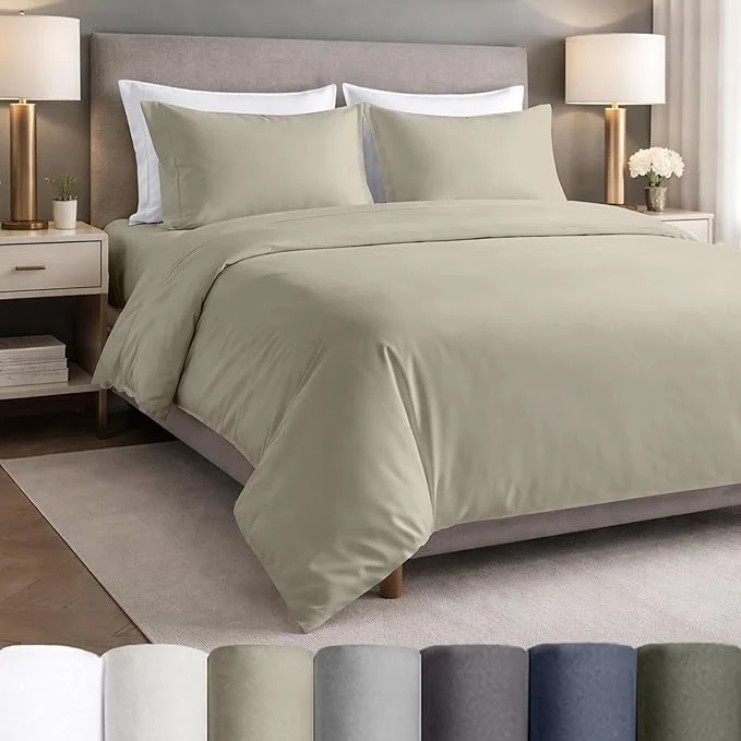 Trendy California Design Den Egyptian Cotton Percale Sheets Queen Size Set – Lightweight Deep Pocket Queen Cotton Sheet Set Crisp amp Durable Luxury Bedding Set – Beige Detailed