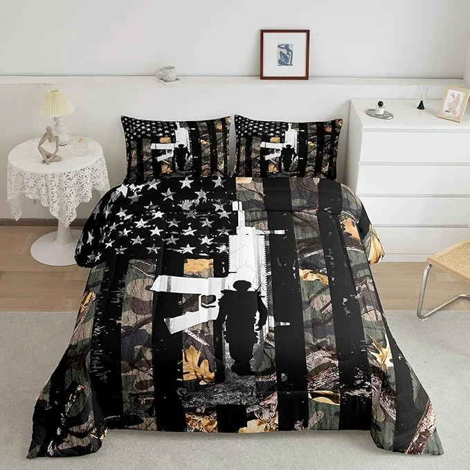 Relaxed Castle Fairy American Flag Camo Comforter Set Queen Size Hunting Bedding Set Rustic Trees Leaves Camouflage Comforter for Boys Teens Kids Man Bedroom Nature Conifer Oak Branches Bedding Quilt Set Durable