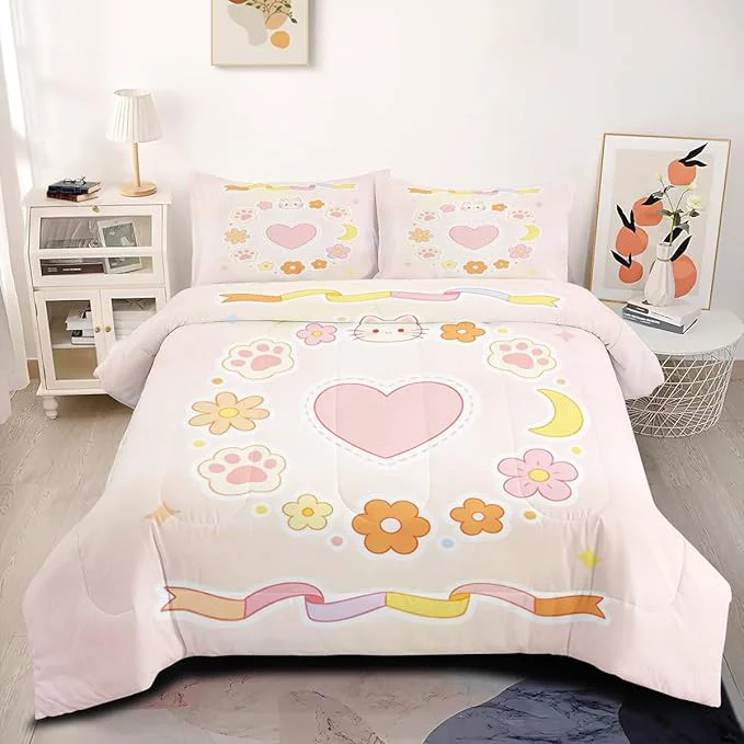 Casual Kids Pink Cute Heart Bedding Set 2Pcs Twin Cat Animal Comforter Set for Girls Room Decor Soft Microfiber for All Season 1 Comforter 68 quot x 90 quot and 1 Pillowcase Easy-to-Use