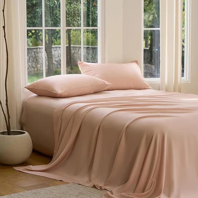 Excellent DOZ Sheet Set Viscose derived from Bamboo Organically Grown Buttery Soft Cooling Sheets High GSM Deep Pockets – 3 Piece – 2 Pillowcases 1 Fitted Sheet Blush Full Fashionable