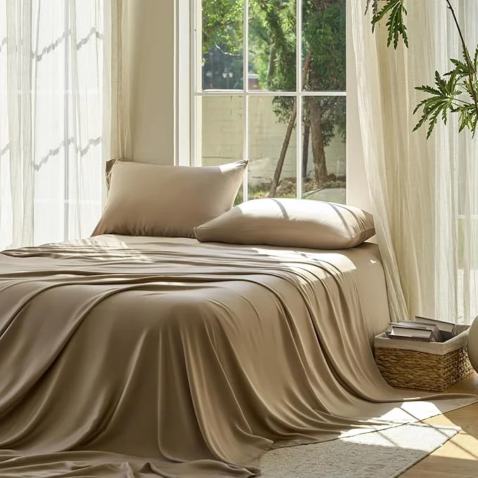 Fine DOZ Sheet Set Viscose derived from Bamboo Organically Grown Buttery Soft Cooling Sheets High GSM Deep Pockets – 3 Piece – 2 Pillowcases 1 Fitted Sheet Dune King Excellent
