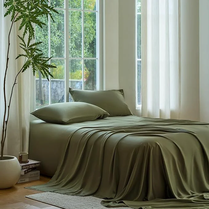 Premium DOZ Sheet Set Viscose derived from Bamboo Organically Grown Buttery Soft Cooling Sheets High GSM Deep Pockets – 3 Piece – 2 Pillowcases 1 Fitted Sheet Olive King Casual