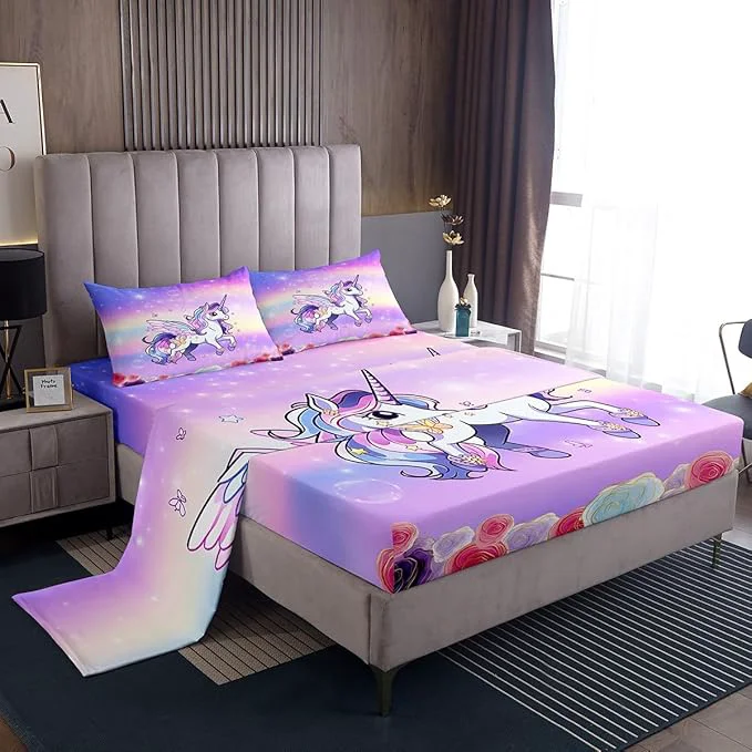 Outstanding Kids Girls Unicorn Bed Sheets Set Pink Purple Rainbow Fitted Sheet Cartoon Unicorn Bedding Set for Bedroom Decor Rose Flowers Sheet Queen Flat Sheet amp Fitted Sheet with 2 Pillow Case Breathable