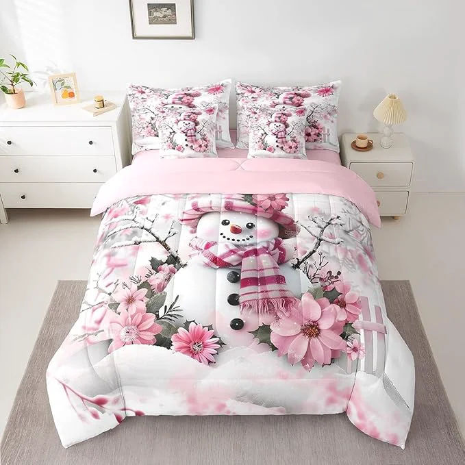 Superior Winter Snowman Comforter Set 7 Pieces Rustic Cherry Blossom Trees Botanical Bed Set Farmhouse Decor Bedding Bed in a Bag King 1 Comforter 2 Pillowcase 2 Pillow Covers 1 Flat Sheet 1 Fitted Sheet Smart