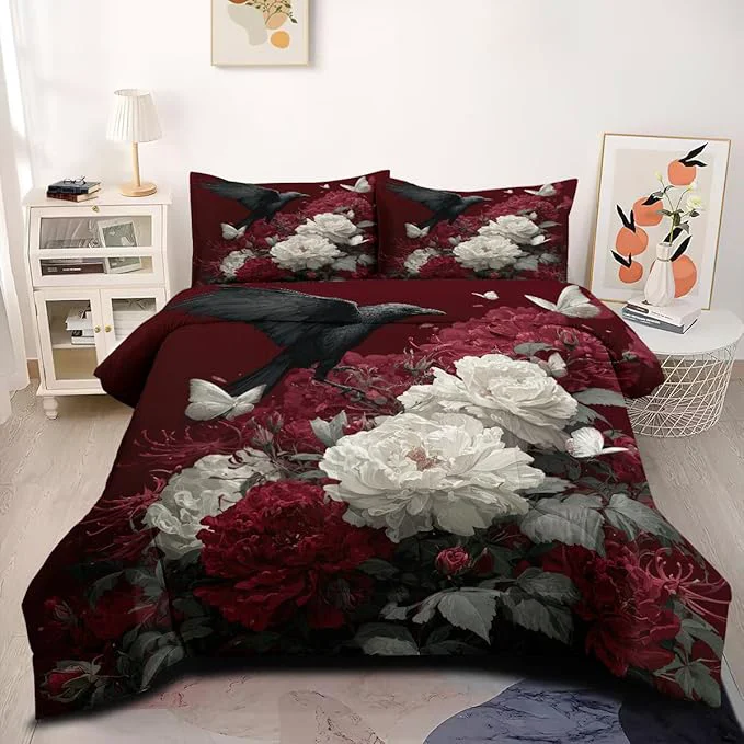 Pure 5Pcs Twin Size Vintage Botanical Flowers Comforter Set for Girls Black Crows Bedding Sets Washed Microfiber 1 Comforter 68 quot x 90 quot and 2 Pillowcases 1 Fitted Sheet 1 Flat Sheet Fashionable