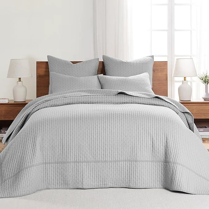 Smooth Levtex Home Cross Stitch Reversible Twin Bedspread Set 84x104in with 1 Pillow Sham 26x20in – Stitch Texture – Light Grey – Cotton Twin Size Bedspread Set – Lightweight Soft Pre-Washed