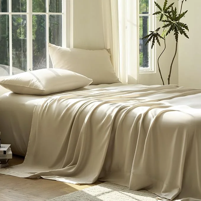 Classic DOZ Sheet Set Viscose derived from Bamboo Organically Grown Buttery Soft Cooling Sheets High GSM Deep Pockets – 4 Piece – 2 Pillowcases 1 Fitted 1 Top Sheet Sand King Safe