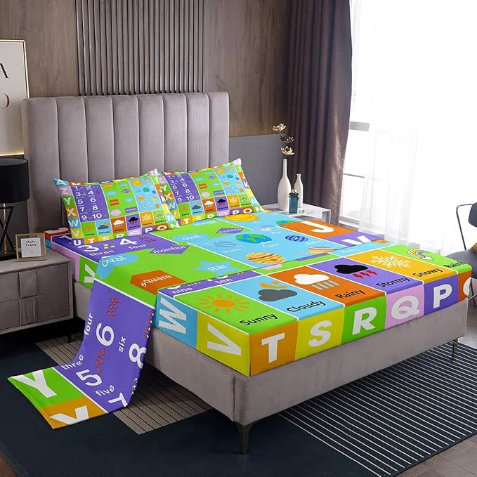 Smooth Castle Fairy Alphabet Fitted Sheet Set Full Size 4 Pcs Educational Weather Planets Number Lightweight Sheets Teens Room Decor Watercolor Patchwork Bedding Sets 1 Fitted 1 Flat 2 Pillowcases Quality