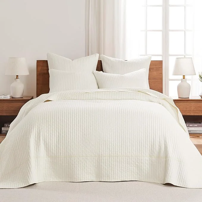 Outstanding Levtex Home Cross Stitch Reversible Full Bedspread Set 100x104in with 2 Pillow Shams 26x20in – Stitch Texture – Cream – Cotton Full Size Bedspread Set – Lightweight Soft Pre-Washed Green