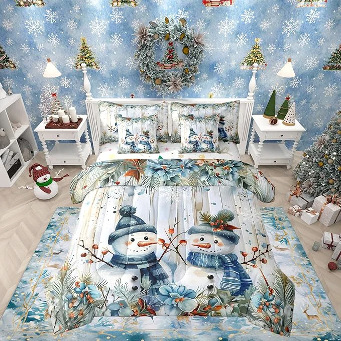 Recyclable Castle Fairy Funny Xmas Snowman Reversible 7 Pieces Comforter Set Blue Christmas Flowers Bed Sheet Set for Kids Teens Boys Botanical Fruits Plants Bedding Set with Comforter Fitted amp Flat Sheet Full Comfortable