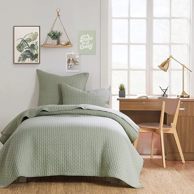 Elite Levtex Home Cross Stitch Reversible Twin XL Twin Quilt Set 68x86in with 1 Pillow Sham 26x20in – Stitch Texture – Desert Sage – Cotton Twin Size Quilt Bedding Set – Lightweight Soft Pre-Washed Versatile