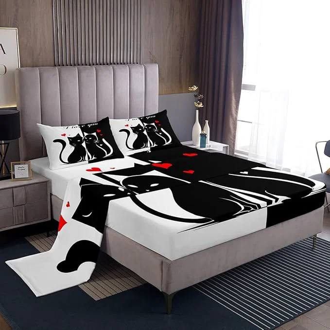 Professional Cats Lovers Bed Sheet Set Twin Size Cute Cat Valentine 39 s Day Sheet Set Kids Teens Black and White Couples Bedding Decor Set with 1 Flat amp 1 Fitted Sheet with 1 Pillow Sham Excellent