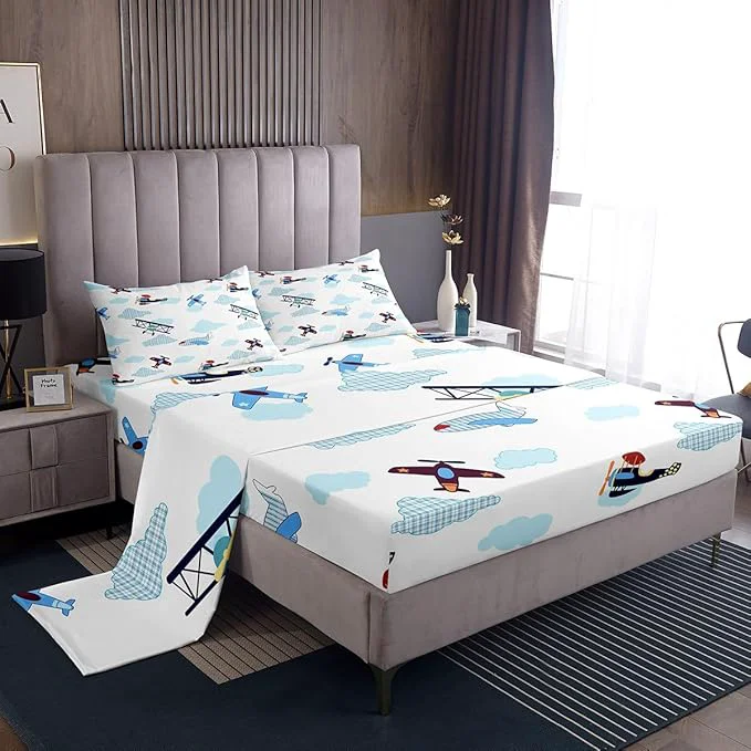 Relaxed Kids Aircraft Bed Sheets Set Boys Teens Airplanes Fitted Sheet Blue White Clouds Bedding Set for Bedroom Decor Chic Gingham Sheet Queen Flat Sheet amp Fitted Sheet with 2 Pillow Case Comfortable