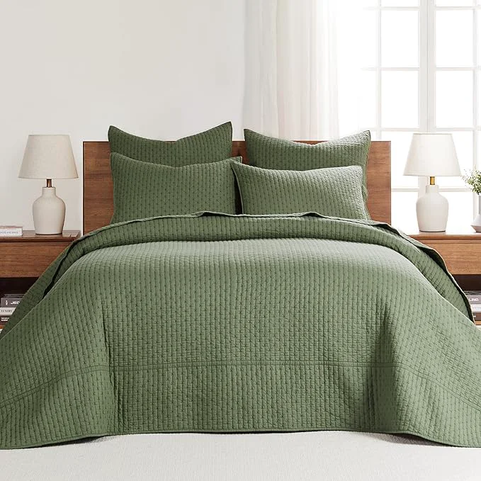 Relaxed Levtex Home Cross Stitch Reversible Queen Bedspread Set 104x106in with 2 Pillow Shams 26x20in – Stitch Texture – Forest Green – Cotton Queen Size Bedspread Set – Lightweight Soft Pre-Washed Exceptional