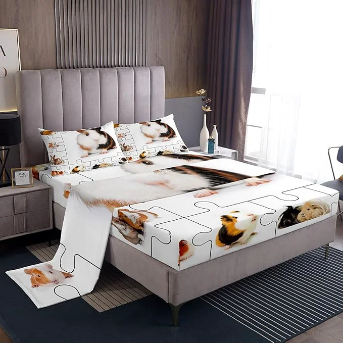 Healthy Guinea Pig Bed Sheet Queen Set Lovely Animals 3D Cavy Sheets Sets Boys Girls Bedroom Decor Cute Guinea Pigs Pet Bedding Set with Flat Fitted Sheet 2 Pillow Cases Authentic