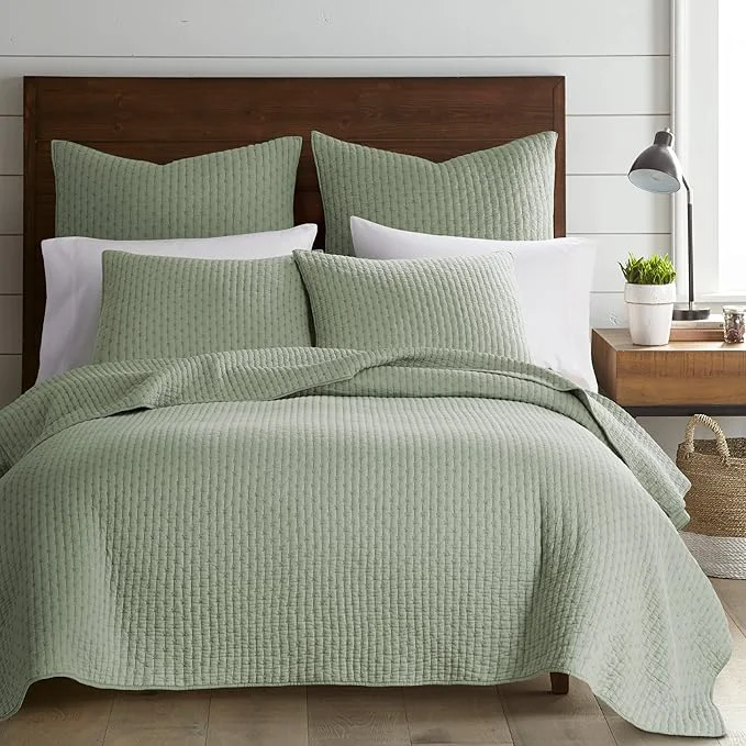 Genuine Levtex Home Cross Stitch Reversible Full Queen Quilt Set 88x92in and 2 Pillow Shams 26x20in – Stitch Texture – Desert Sage – Cotton Full Queen Size Quilt Bedding Set – Lightweight Soft Pre-Washed Certified