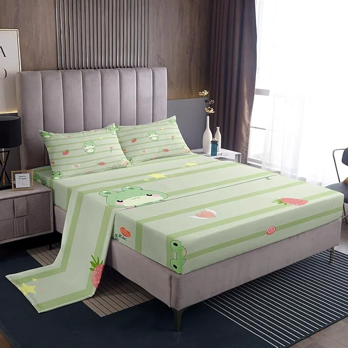 Enhanced Cute Frog Bed Sheet Set 4 Piece Pink Strawberry Sweet Fruits Sheets Full Size Sheets Set Light Green Frogs Stripes Soft Microfiber Bedding Set with Flat Fitted Sheet 2 Pillow Cases Elegant