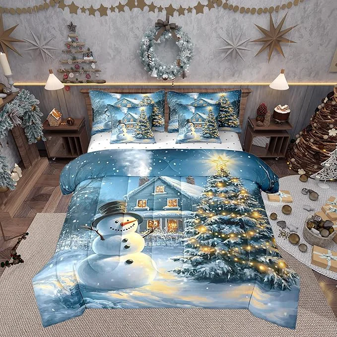Functional Christmas Night Full Comforter Set with Sheets Bed in a Bag 7 Pcs Cartoon Xmas Snowman Winter Snow Bed Set Farmhouse Style Bedding Sets with Comforter Flat Fitted Sheet Pillowcases Pillow Covers Smart