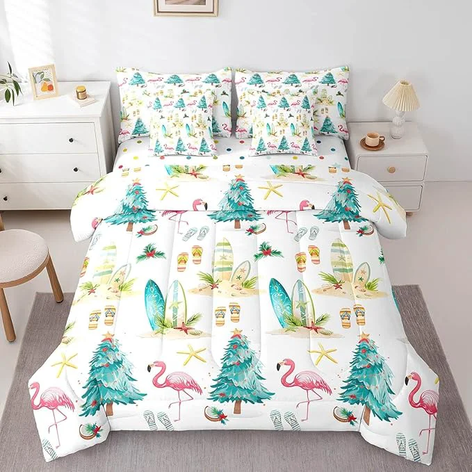 Responsible Christmas Tree 7 Pieces Comforter Sets Queen Xmas Theme Flamingo Surfboard Bedding Set for Kids Girls Bedroom Decor Sea Beach Slippers Bed in a Bag with Comforter Sheets and Pillow Cases Dependable