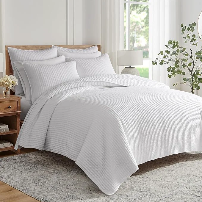 Superior Levtex Home Cross Stitch Reversible Twin XL Twin Quilt Set 68x86in with 1 Pillow Sham 26x20in – Stitch Texture – Bright White – Cotton Twin Size Quilt Bedding Set – Lightweight Soft Pre-Washed Carefully Designed