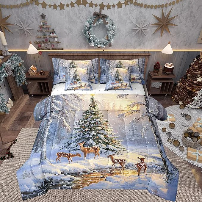 Top-Quality Winter Jungle Elk Deer Comforter Set Bed in a Bag 7 Pieces King Merry Christmas Theme Bedding Set Vintage Farmhouse Style Comforter Fitted Flat Sheet 2 Pillowcases 2 Throw Pillow Covers Comfortable