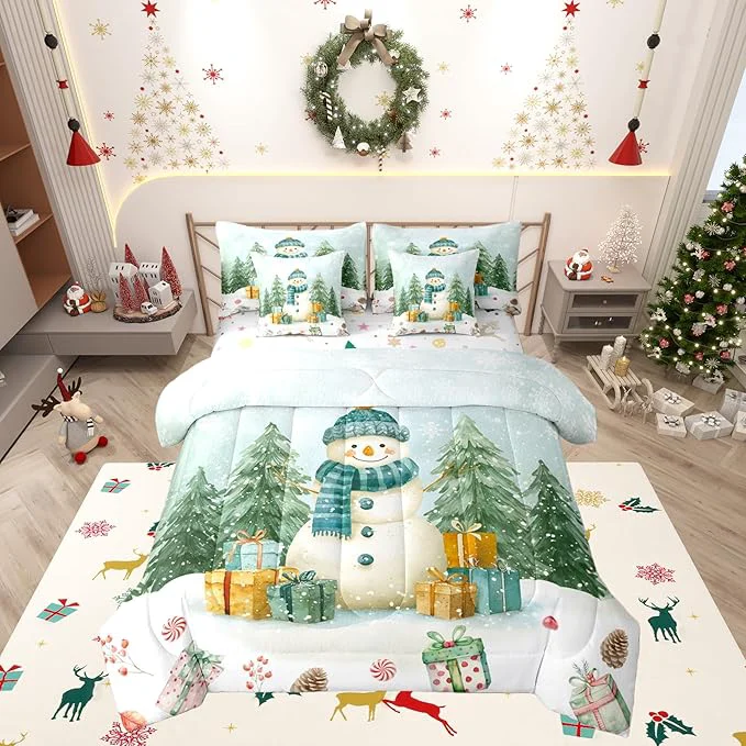 Elegant Kawaii Snowman Comforter Set 7 PCS Cartoon Christmas Trees Gifts Bed Set for Girls Kids Winter Christmas Theme Bed in a Bag Bedding Set with Comforter Sheet Set Pillowcases Pillow Covers Full Artisan
