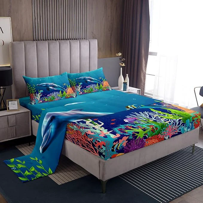 Unique Cute Dolphin Kids Bed Sheets Set Ocean Fish Coral Fitted Sheet Cartoon Undersea Boys Girls Bedding Set for Bedroom Decor Blue Underwater Sheet Queen Flat Sheet amp Fitted Sheet with 2 Pillow Case Classic