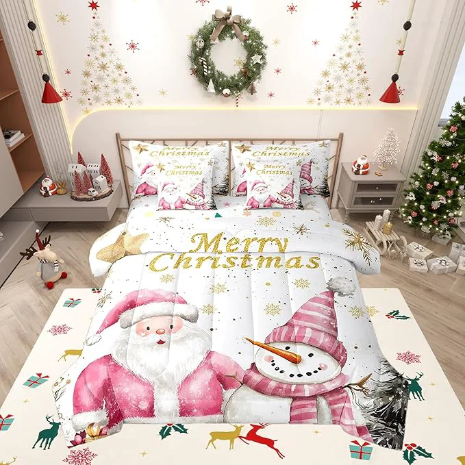 Refined Gold Snowflake Queen Comforter Set with Sheets Bed in a Bag 7 Pcs Pink Santa Snowman Christmas Trees Bed Set Watercolor Winter Bedding Sets with Comforter Flat Fitted Sheet Pillowcases Pillow Covers Versatile