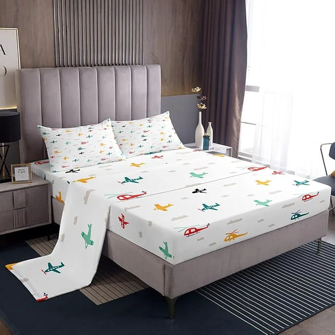 Long-Lasting Kids Aircraft Bed Sheets Set Watercolor Transportation Vehicles Fitted Sheet Boys Airplanes Bedding Set Bedroom Decor Colorful Helicopter Sheet Queen Flat Sheet amp Fitted Sheet amp 2 Pillow Case Reliable