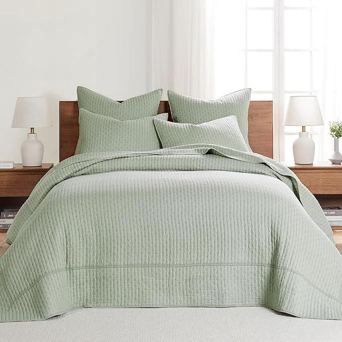 Green Levtex Home Cross Stitch Reversible Twin Bedspread Set 84x104in with 1 Pillow Sham 26x20in – Stitch Texture – Desert Sage – Cotton Twin Size Bedspread Set – Lightweight Soft Pre-Washed Sustainable