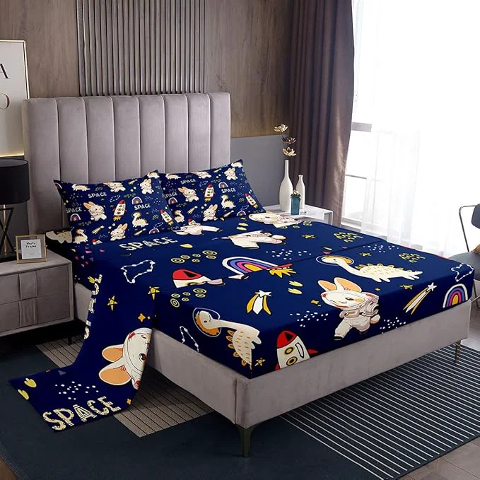 Fine Cute Rabbits Bed Sheets Set Kids Boys Dinosaurs Fitted Sheet Cartoon Rocket Bedding Set for Bedroom Decor Starry Galaxy Navy Sheet Twin Flat Sheet amp Fitted Sheet with 1 Pillow Case Certified