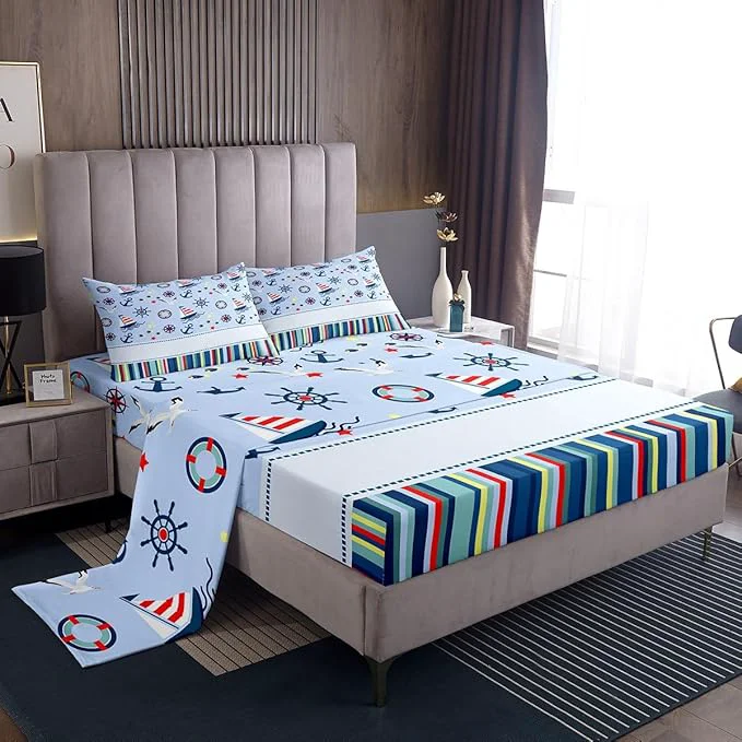 Sophisticated Nautical Anchor Bed Sheets Set Ocean Fish Seagull Blue Fitted Sheet Outdoor Adventure Bedding Set for Bedroom Decor Red Blue Stripes Sheet Queen Flat Sheet amp Fitted Sheet with 2 Pillow Case Powerful