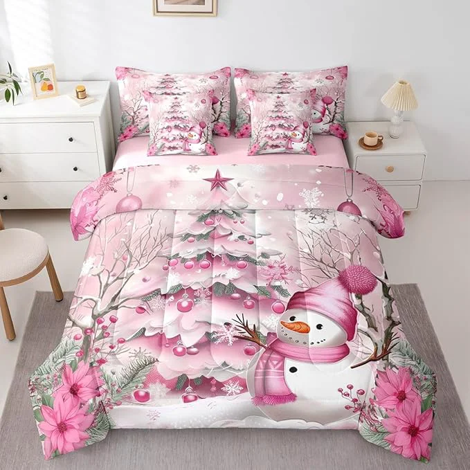 Recyclable Pink Christmas Tree Comforter Set 7 Pieces Cute Snowman Winter Bed Set Xmas Theme Flowers Leaves Bedding Full with 1 Comforter 1 Fitted Sheet 1 Flat Sheet 2 Pillowcases 2 Throw Pillow Cover Classic