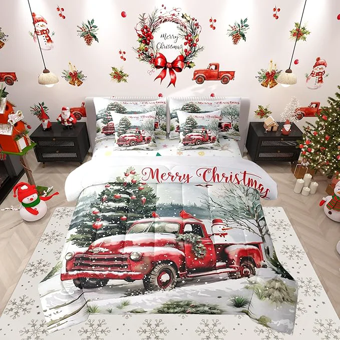 Comfortable Castle Fairy Merry Christmas Comforter Set 7 Pieces Red Truck Snowman Bed Set for Adults Winter Pine Tree Bedding King with 1 Comforter 1 Fitted Sheet 1 Flat Sheet 2 Pillowcases 2 Throw Pillow Cover Lightweight