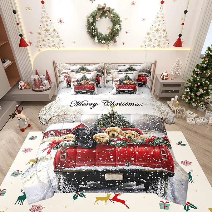 Smooth Farmhouse Christmas Dog Comforter Set 7 Pieces Red Christmas Trees Truck Bed Set Rustic Style Bedding Bed in a Bag Full 1 Comforter 2 Pillowcase 2 Pillow Covers 1 Flat Sheet 1 Fitted Sheet Modern
