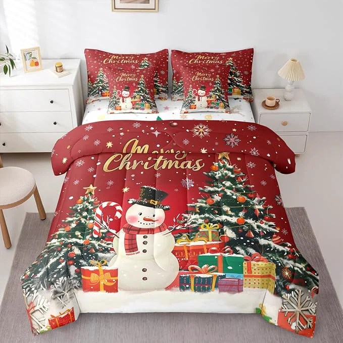 Sophisticated Castle Fairy Merry Christmas 7 PCS Comforter Set Cartoon Snowman Christmas Trees Bedding Set for Kids Girls Happy New Year Gifts Bed in a Bag with Comforter Sheets and Pillow Cases Full Refined