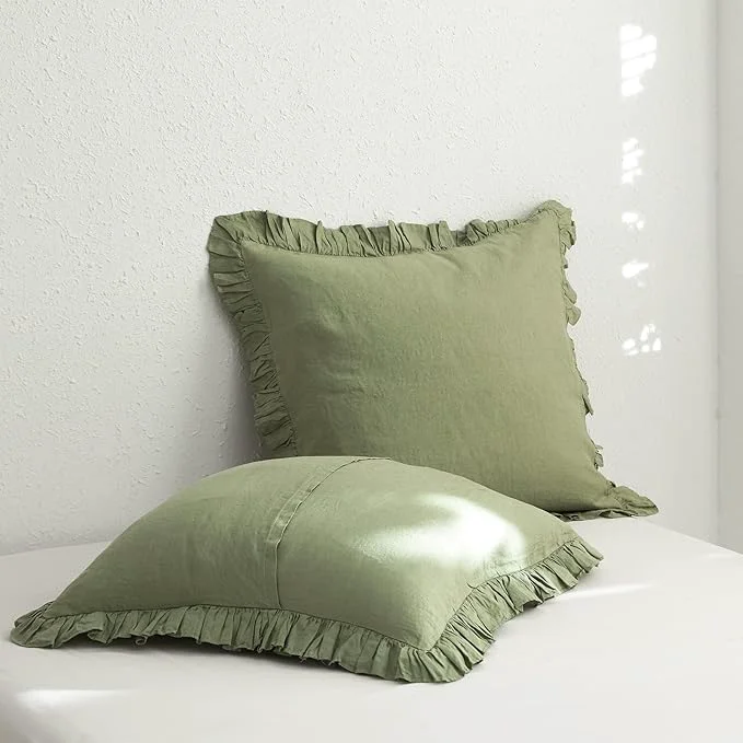 Elite Simple amp Opulence Linen Euro Sham Covers with Ruffle 26×26 Inch Pillow Covers Set of 2 Euro Pillow Shams for Bed Couch French Home Decor Luxury and Breathable Square Pillow Cases Sage Green World-Class