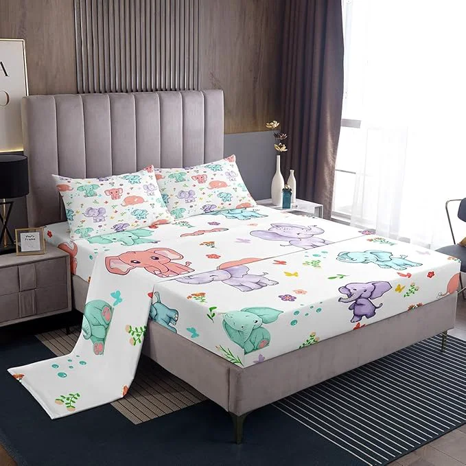 Exceptional Cartoon Elephant Sheet Set King Size Watercolor Flowers Leaves Butterfly Bedding 1 Fitted Sheet 1 Flat Sheet 2 Pillowcases Cute Wild Animal Elephants Sheet Soft Comfortable – 4 Piece Top-Quality