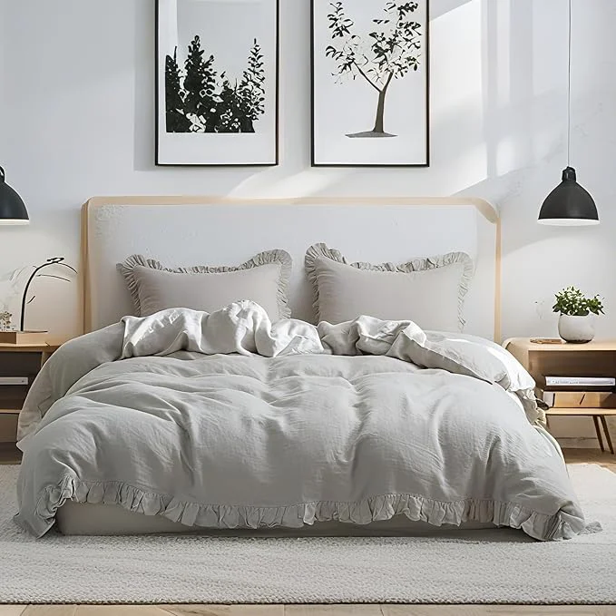 Professional Simple amp Opulence Linen Duvet Cover Set 3 PCS Natural French Flax Light Grey Ruffle Duvet Cover King Size Breathable Comfy Linen Bedding Comforter Cover with 2 Pillowcases Light Grey 104 quot X 92 quot Soft