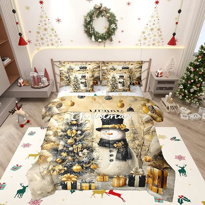 Original Castle Fairy Gold Christmas Tree 7 Pieces Comforter Sets King Luxury New Year Gifts Bedding Set for Kids Girls Winter Cartoon Snowman Snowflake Bed in a Bag with Comforter Sheets and Pillow Cases Green