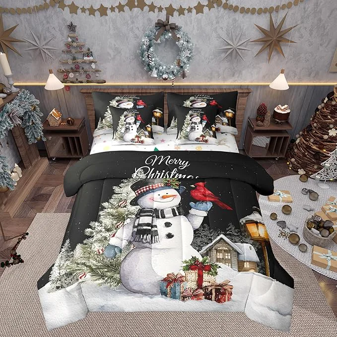 Enhanced Castle Fairy Xmas Snowman Reversible 7 Pieces Comforter Set Funny Christmas Trees Bed Sheet Set for Kids Teens Boys Exotic Bird Winter Cabin Decor Bedding Set with Comforter Fitted amp Flat Sheet Queen Original