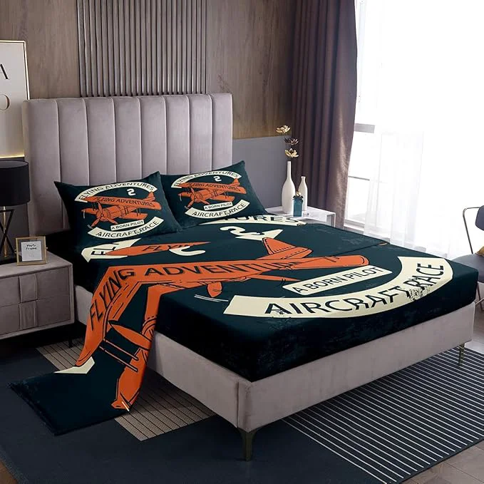 Proven Retro Aircraft Fitted Sheet Set Full Size 4 Pcs Vintage Airplane Orange Painting Lightweight Sheets Teens Room Decor Flying Adventure Helicopter Bedding Sets 1 Fitted 1 Flat 2 Pillowcases Specialty