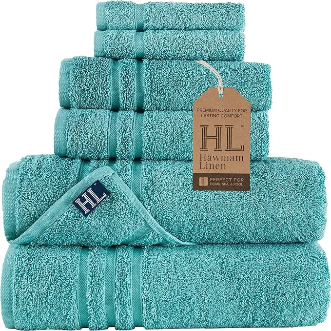 Advanced Hawmam Linen Teal Turquoise 6 Piece Bath Towels Set Luxury