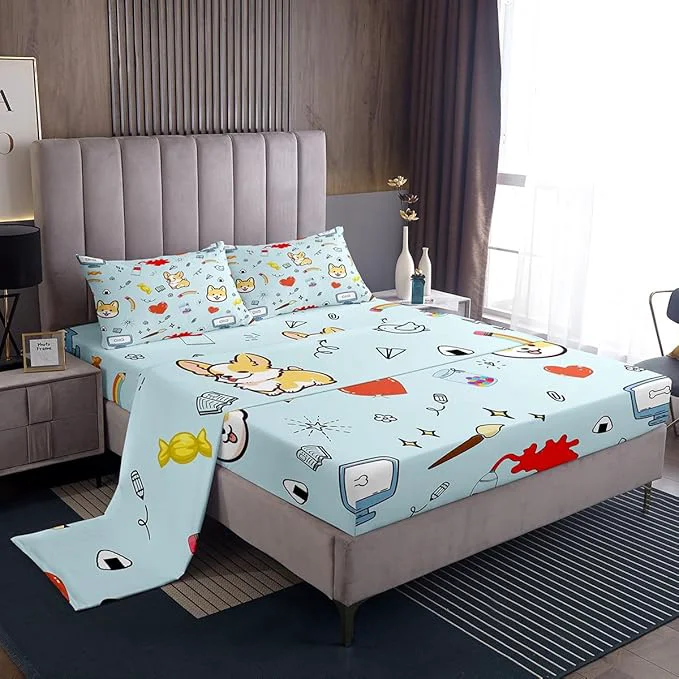 Classic Cartoon Dog Bed Sheet Set 4 Piece Hippie Graffiti Painting Sheets Full Size Sheets Set Kawaii Puppy Pet Theme Soft Microfiber Bedding Set with Flat Fitted Sheet 2 Pillow Cases World-Class