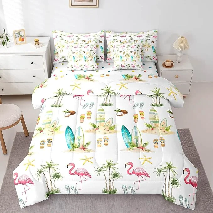 Environmentally Friendly Summer Seaside Beach Reversible 7 Pieces Comforter Set Tropical Coconut Tree Bed Sheet Set for Kids Teens Boys Hawaiian Flamingo Surfboard Bedding Set with Comforter Fitted amp Flat Sheet Full Top-Quality