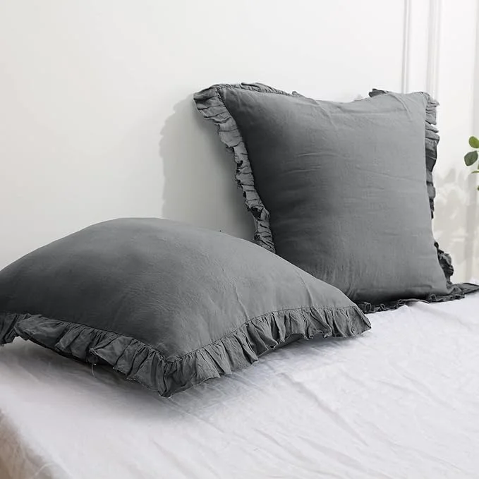 Secure Simple amp Opulence Linen Euro Sham Covers with Ruffle 26×26 Inch Pillow Covers Set of 2 Euro Pillow Shams for Bed Couch French Home Decor Luxury and Breathable Square Pillow Cases Dark Grey Convenient